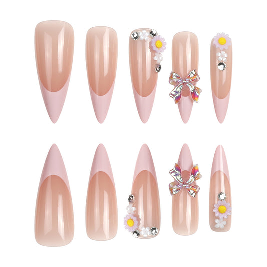 Whimsical Blossom Elegant Long Almond Gradient Pink Press On Nail Set with Charming Floral Accents