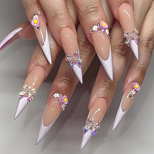 Enchanting Floral Elegance Long Stiletto Shaped Blush and White Press On Nail Set with Sparkling Gemstone Accents