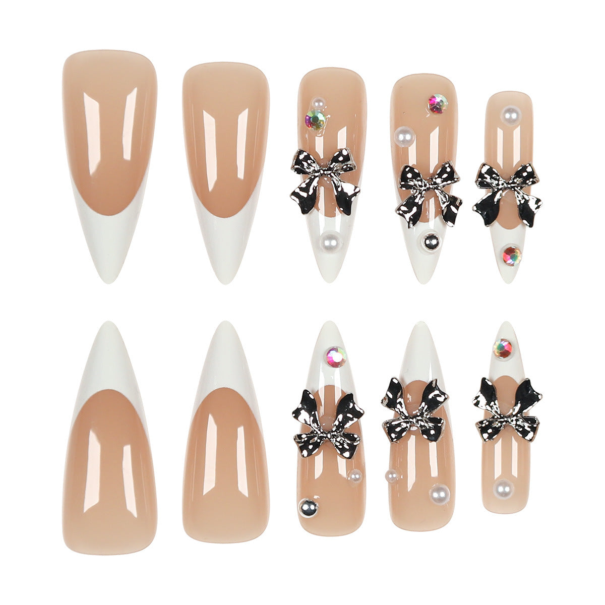 Chic Elegance Long Almond Shape Blush Pink and White Press On Nail Set with Glamorous Bow Accent and Sparkling Gems