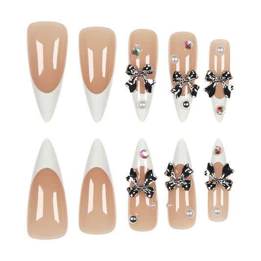 Chic Elegance Long Almond Shape Blush Pink and White Press On Nail Set with Glamorous Bow Accent and Sparkling Gems