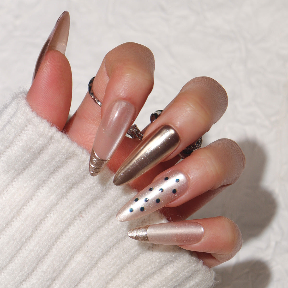 Glamorous Elegance Long Almond Shaped Ombre Nails with Glitter Accents and Unique Dot Design