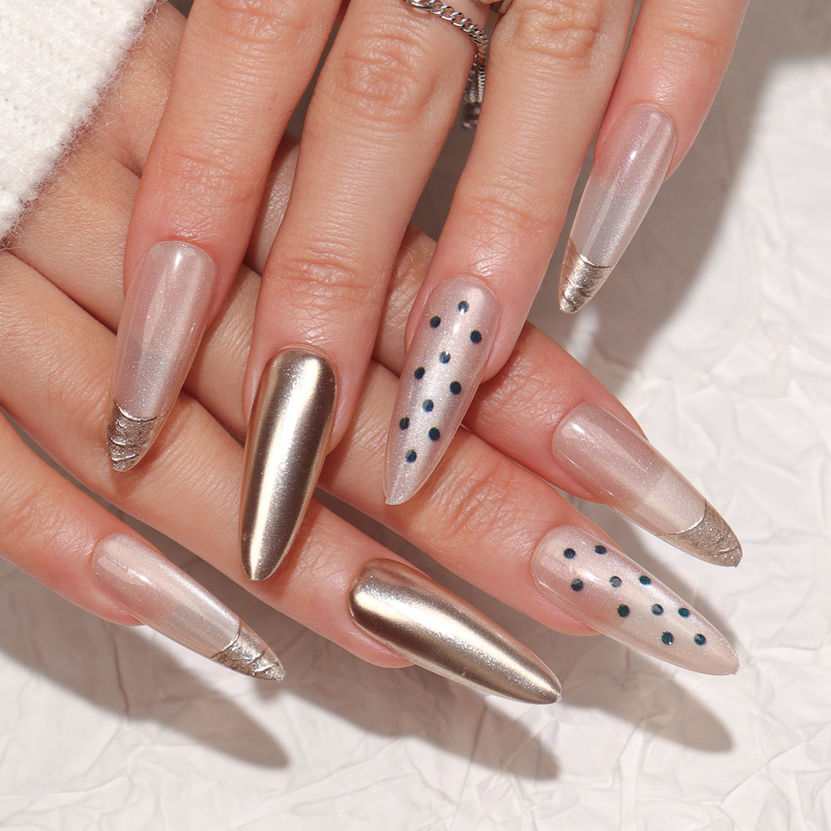 Glamorous Elegance Long Almond Transparent and Shimmering with Unique Metallic Tips Press On Nail Set