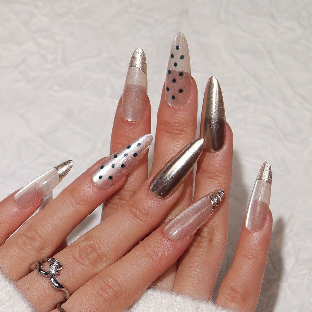 Glamorous Elegance Long Almond Transparent and Metallic with Polka Dot Design Press On Nail Set