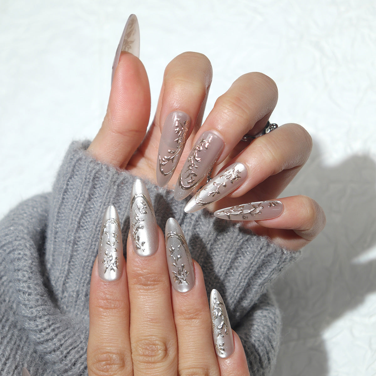 Glimmering Elegance Long Almond Shape Silver Glitter Floral Design Press On Nail Set