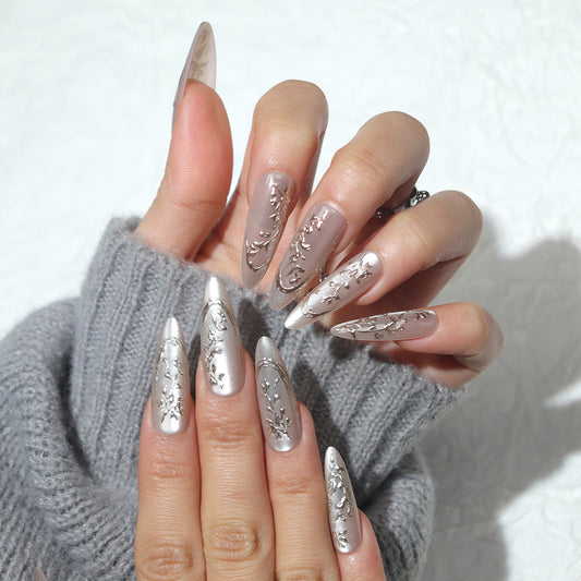 Glimmering Elegance Long Almond Shape Silver Glitter Floral Design Press On Nail Set