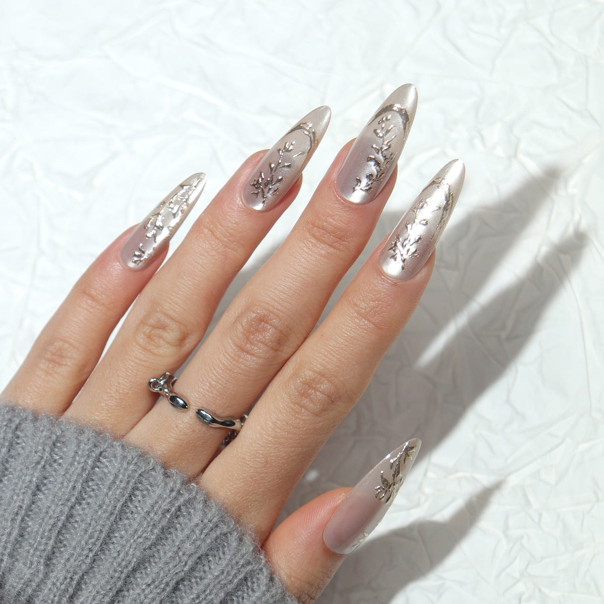 Enchanted Elegance Long Almond Silver Transparent Nails with Floral Metallic Accents