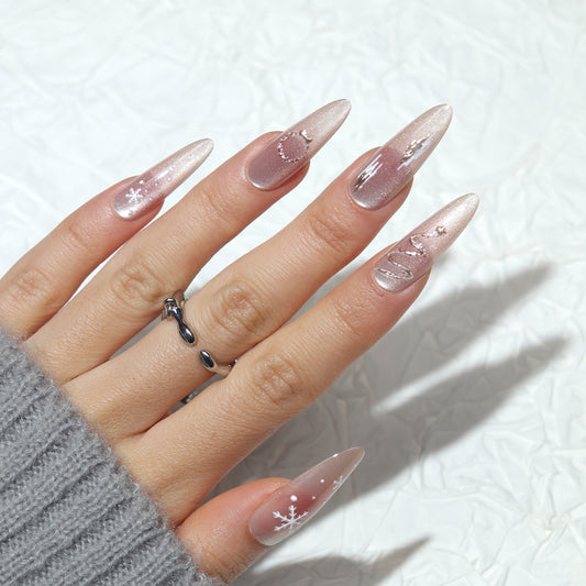 Winter Wonderland Gleaming Long Almond Press On Nails in Soft Pink with Sparkling Snowflake Accents