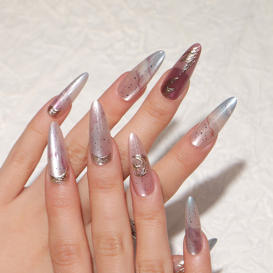 Cosmic Dream Long Oval Pastel Gradient Press On Nail Set with Elegant Metallic Accents