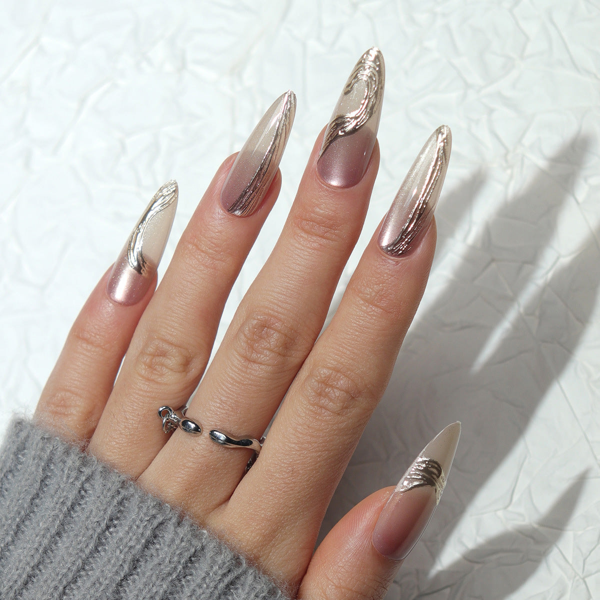 Glamorous Marble Inspired Long Oval Ombre Pink and Gold Press On Nail Set with Shimmering Accent Design