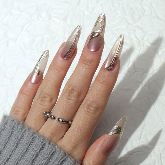 Glamorous Marble Inspired Long Oval Ombre Pink and Gold Press On Nail Set with Shimmering Accent Design