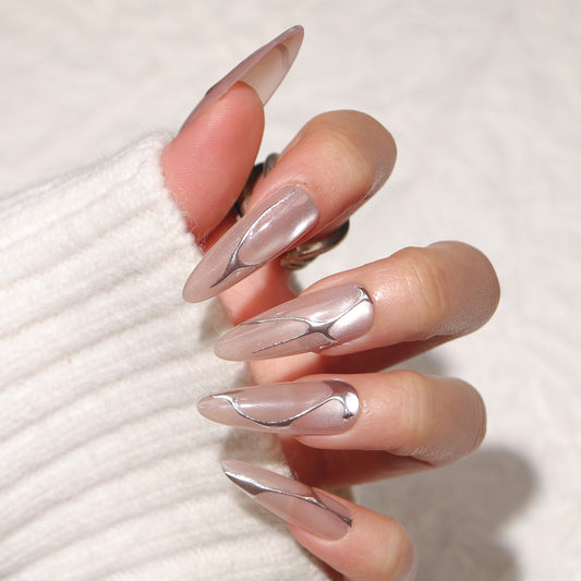 Chic Elegance Long Oval Beige with Metallic Accents Press On Nail Set