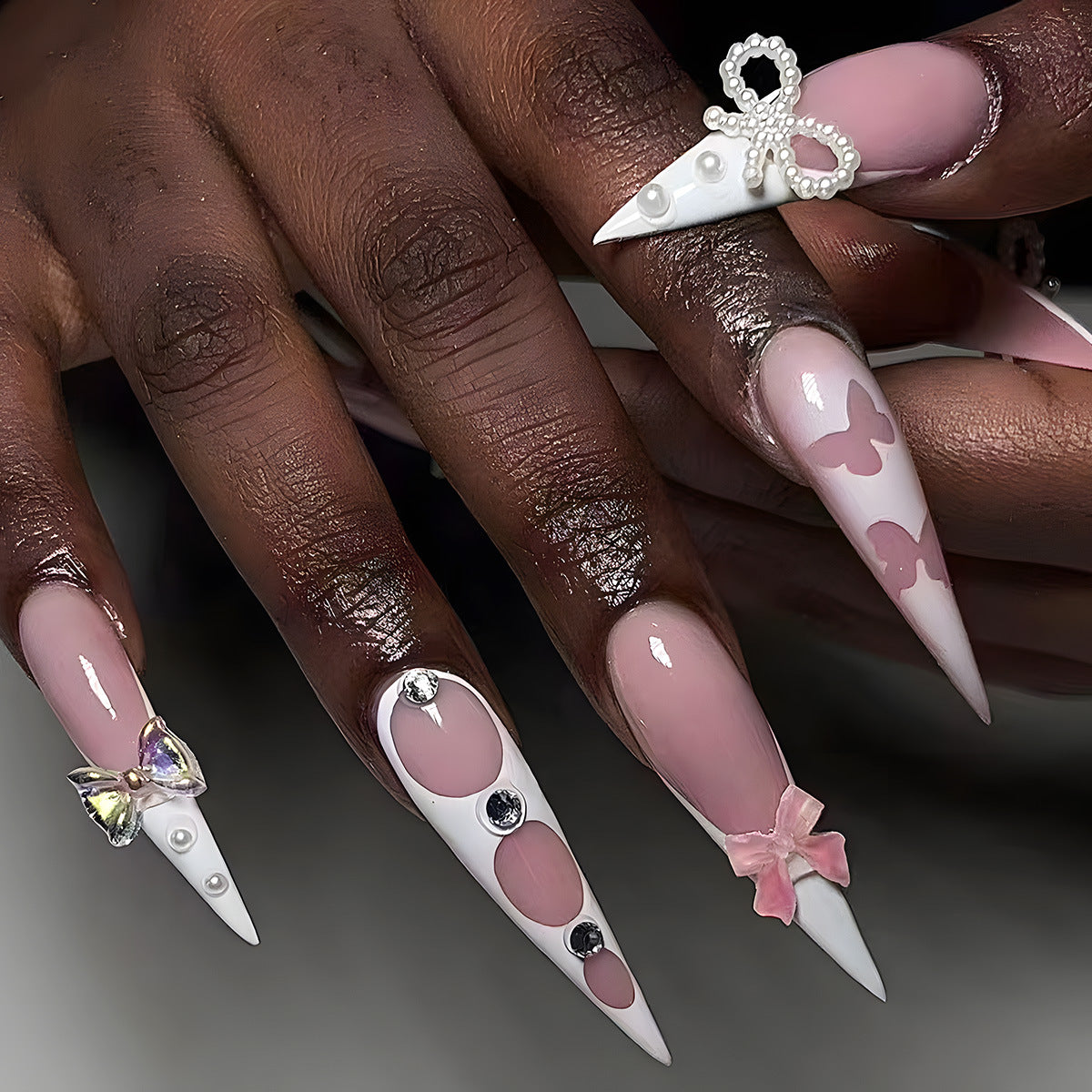 Glamorous Butterfly Dream Long Stiletto Pink and White Press-On Nail Set with Pearl and Gem Embellishments