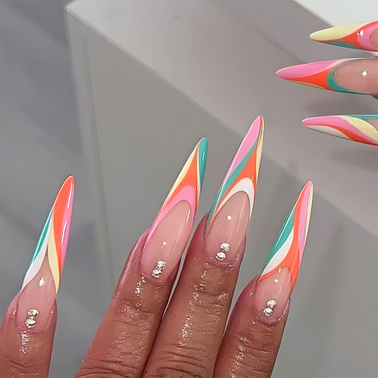 Tropical Dream Long Stiletto Press On Nail Set in Pastel Swirls with Glitter Accents