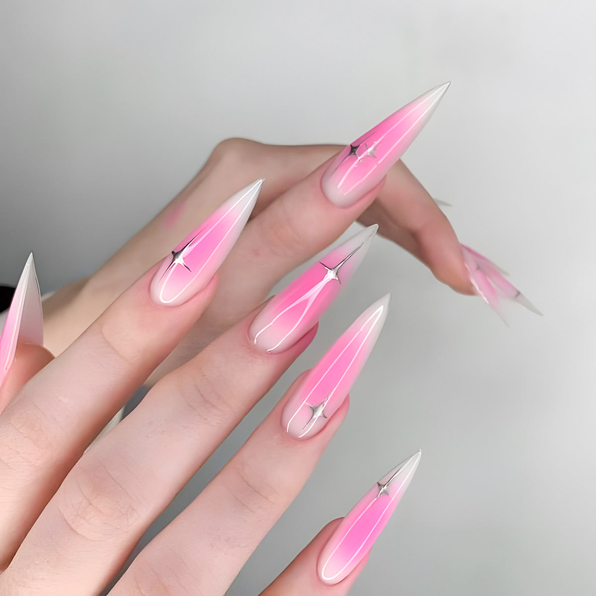 Dreamy Glamour Bold Long Stiletto Pink Ombre Press On Nails with Dazzling Star Accents