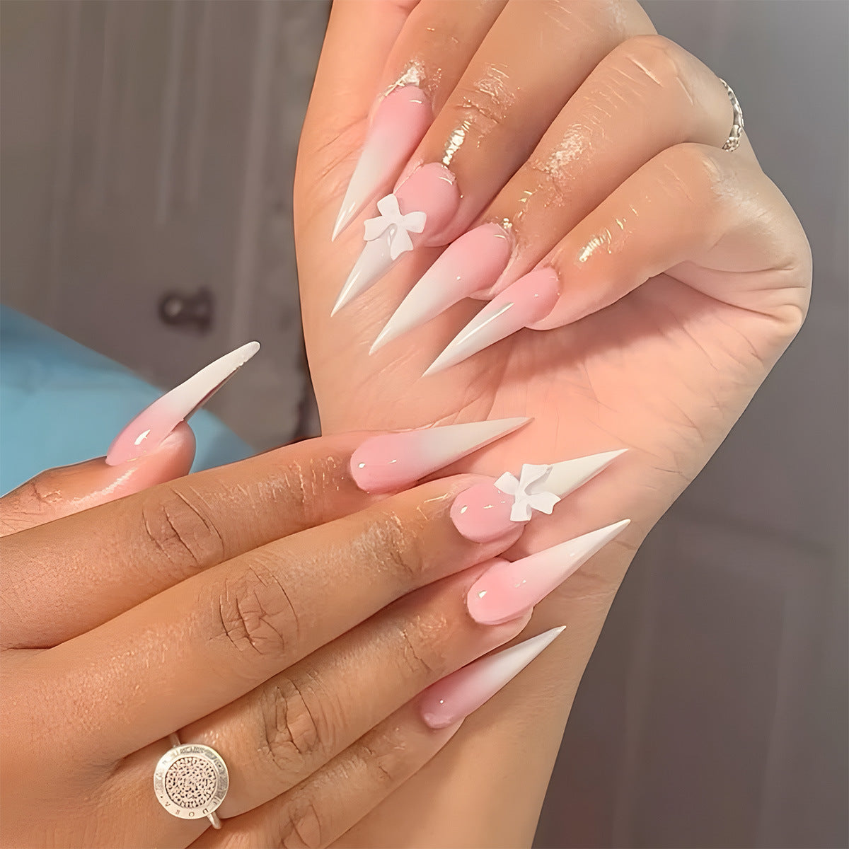 Blossom Dream Sharp Pink and White Long Stiletto Press On Nail Set with Charming Bow Detail