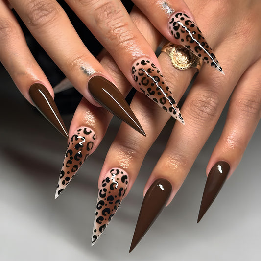 Safari Chic Brown Long Stiletto Press On Nail Set with Leopard Print Accent