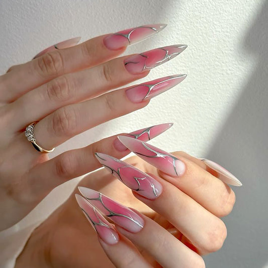 Garden of Elegance Long Stiletto Length Ombre Pink with Delicate Silver Detailing Press On Nail Set