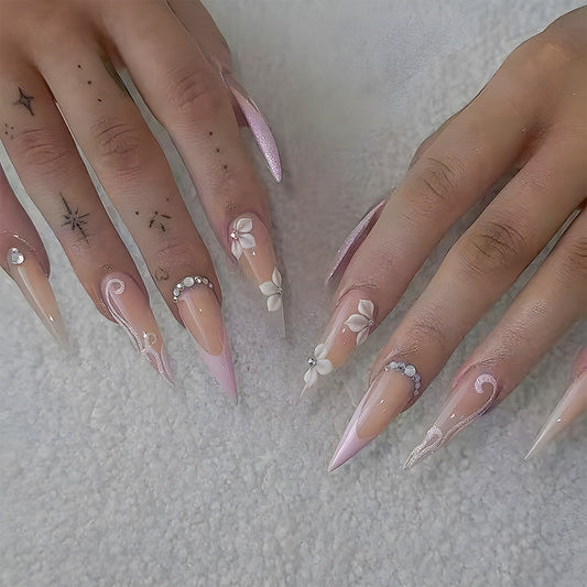 Elegant Floral Fantasy Extra Long Stiletto Gradient Pink Press On Nail Set with Charming Floral Embellishments