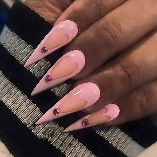 Sweetheart Fantasy Long Stiletto Pink Nails with Charming Heart Design and Glitter Accents