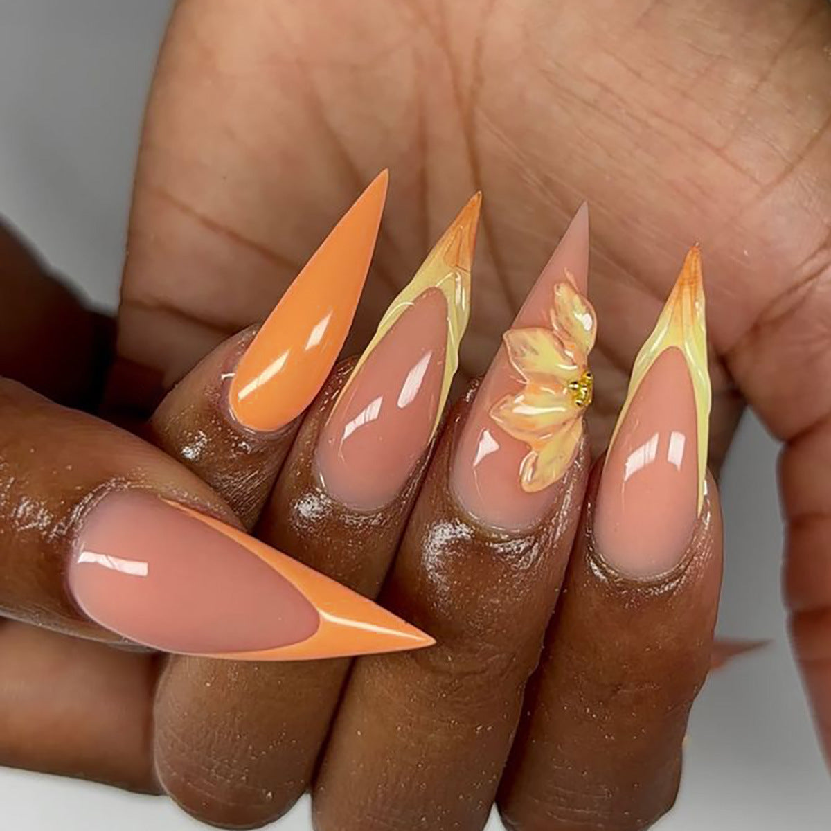 Gorgeous Floral Dream Long Stiletto Orange Ombre Press-On Nail Set with Stunning Flower Accent