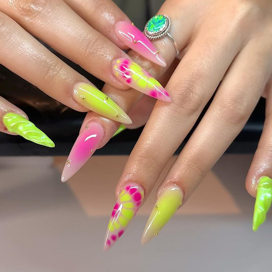 Vibrant Sorbet Long Stiletto Neon Press-On Nail Set with Unique Abstract Design