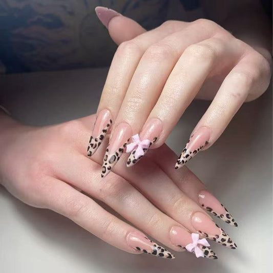 Wild Safari Elegant Long Stiletto Pink and Leopard Print Nail Set with Charming Bow Accent