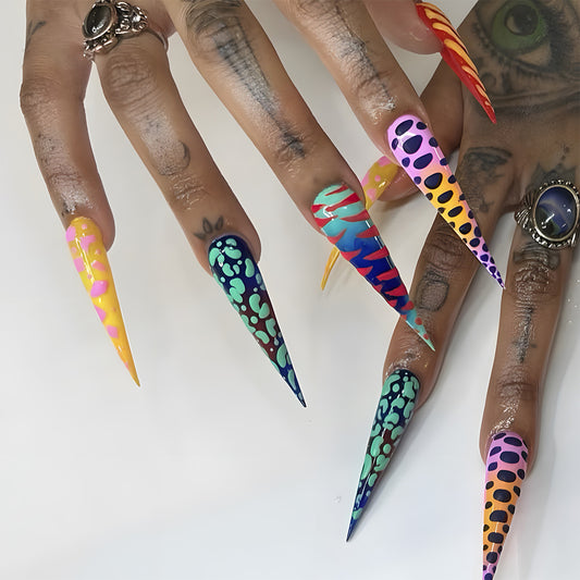 Vibrant Fantasy Long Stiletto Gradient Multi-Color Press-On Nail Set with Funky Patterns