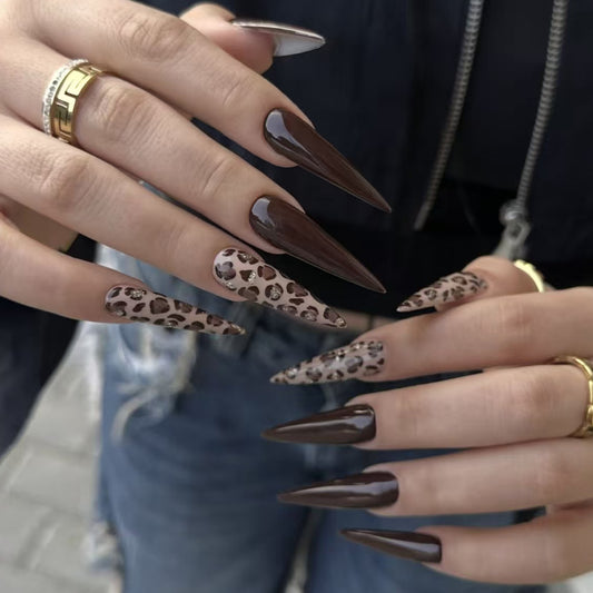 Wild Safari Glamour Long Stiletto Almond Brown and Leopard Print Nail Set with Shimmering Accents