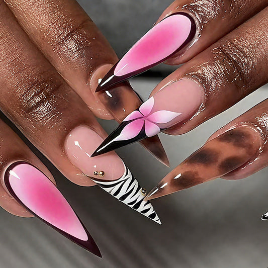 Tropical Oasis Long Stiletto Pink Transparent Nail Set with Floral Accent and Zebra Stripe Design