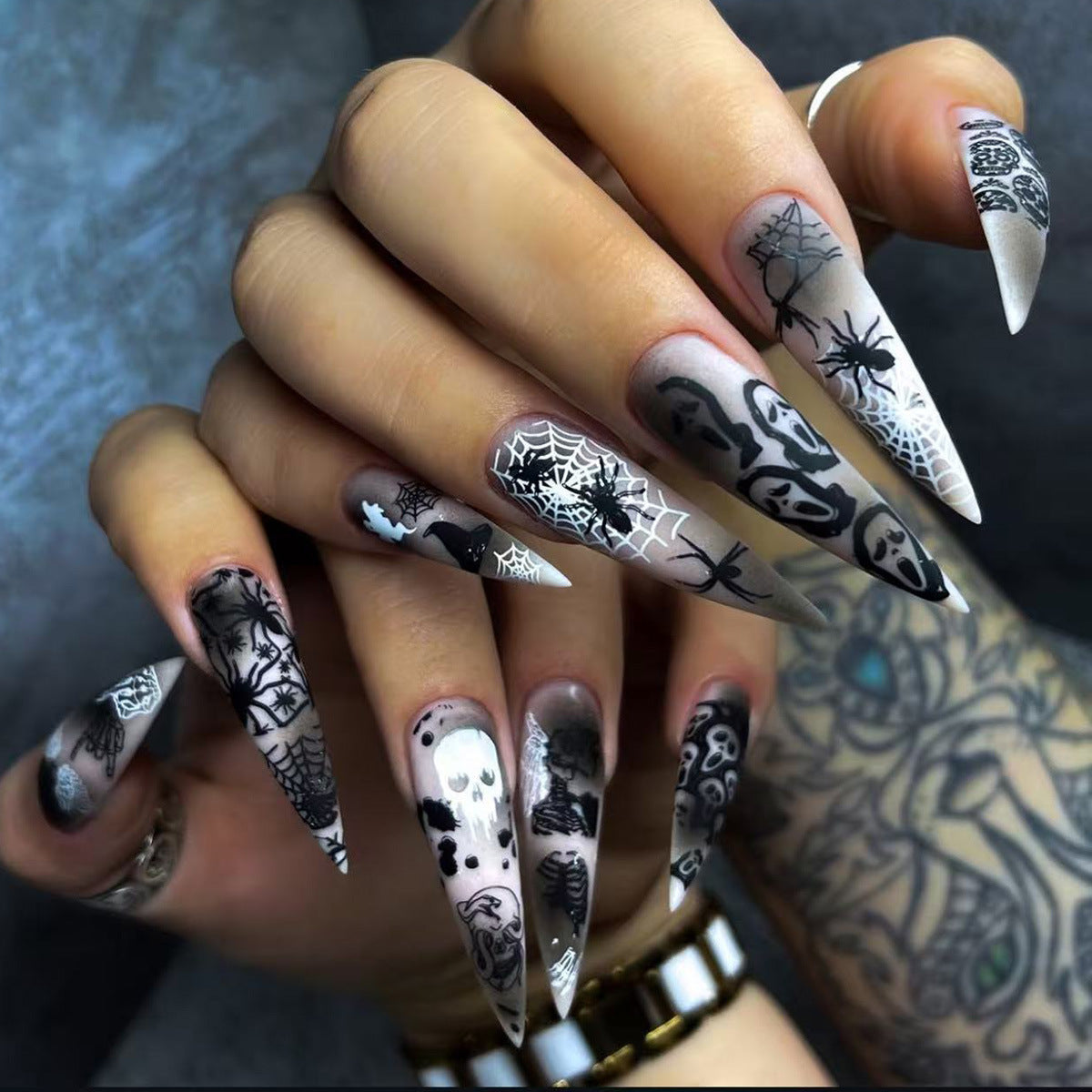 Spooky Charm Long Stiletto Black and Grey Gradient with Intricate Halloween-Themed Designs Press On Nail Set