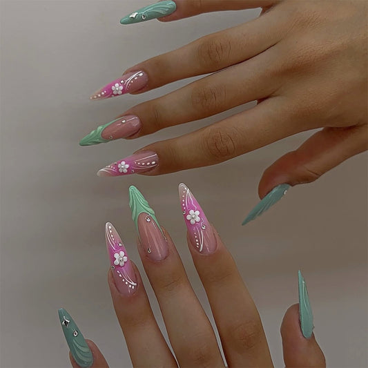 Whimsical Floral Fantasy Long Stiletto Mint Green and Pink Nails with Delicate Flower Accents