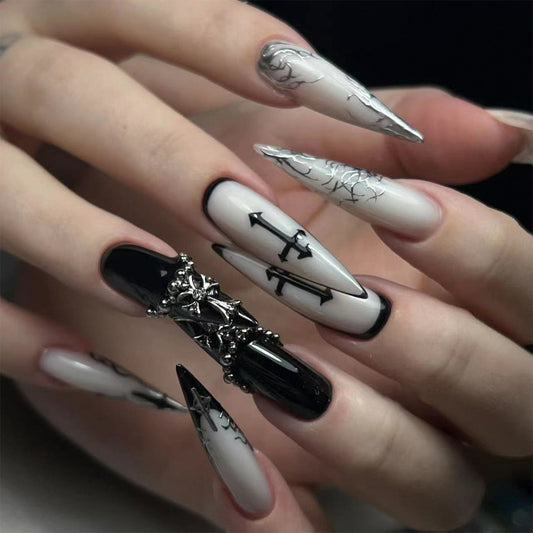 Mystical Elegance Sharp Extra Long Stiletto Shape Black and White with Unique Gothic Accent Nail Set