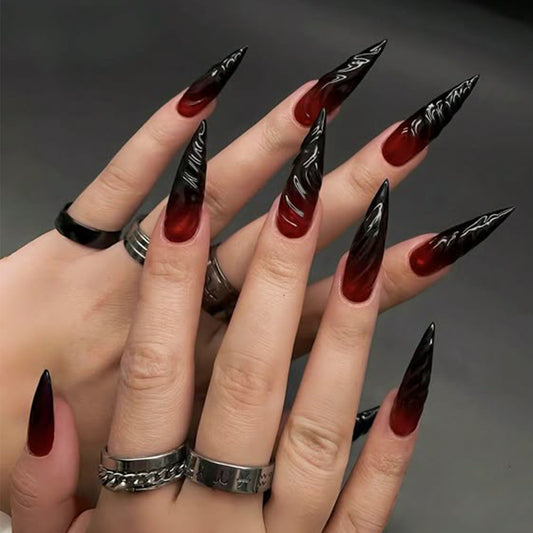 Haunting Elegance Long Stiletto Almond Black and Red Gradient with Intricate Swirl Design Press On Nail Set