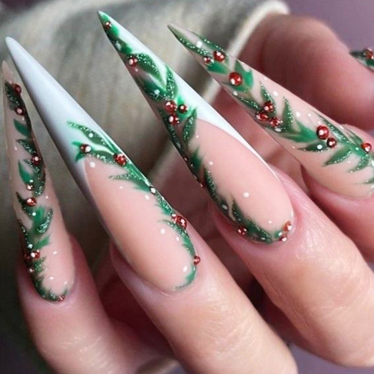 Holiday Glamour Long Stiletto Green and White with Festive Glitter and Ornament Detailing Press On Nail Set