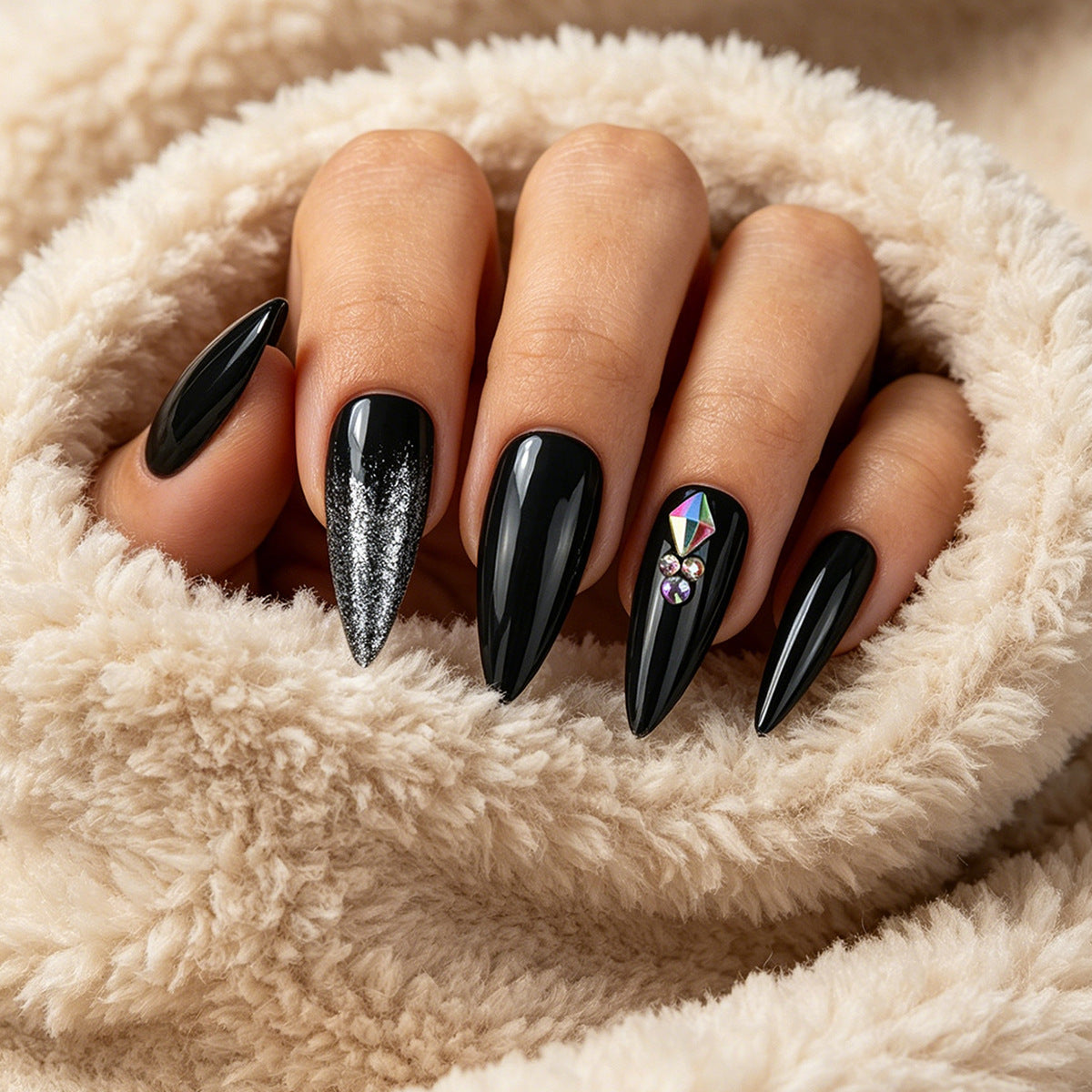 Elegant Glamour Medium Almond Black Press On Nail Set with Dazzling Rhinestone Accents