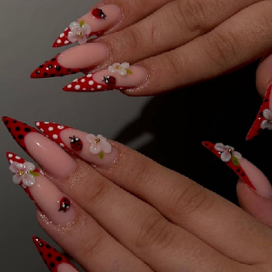 Ladybug Dream Medium Stiletto Red with Floral Accents Press on Nail Set