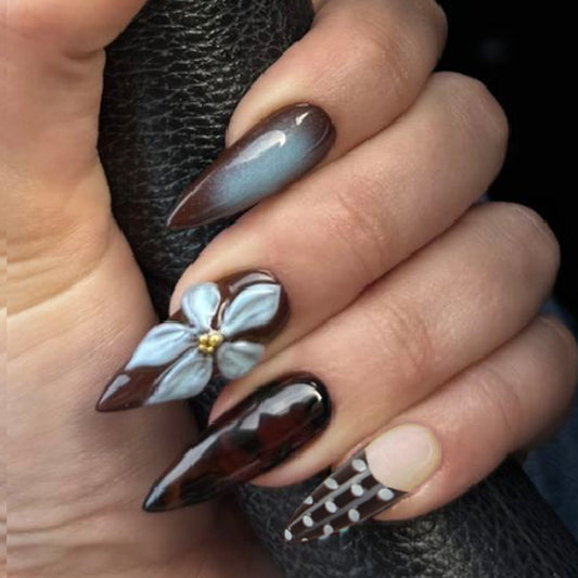 Elegant Floral Fantasy Long Stiletto Brown with Unique Three-Dimensional Flower Detail Press-On Nail Set
