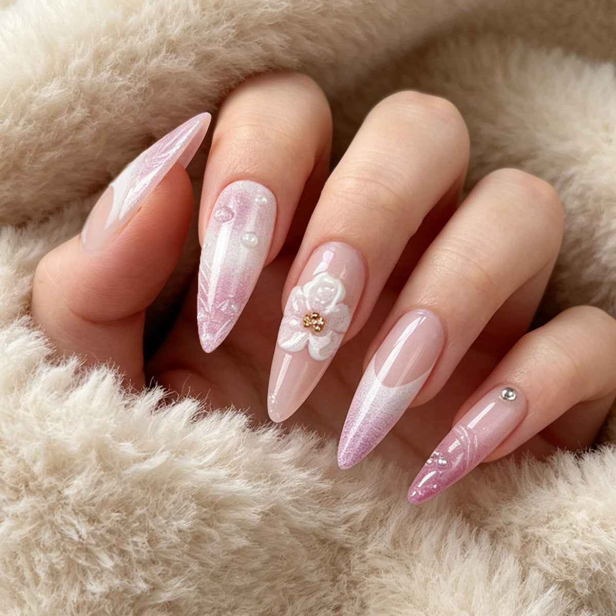 Blooming Elegance Long Stiletto Pink with Floral Accents Press On Nail Set