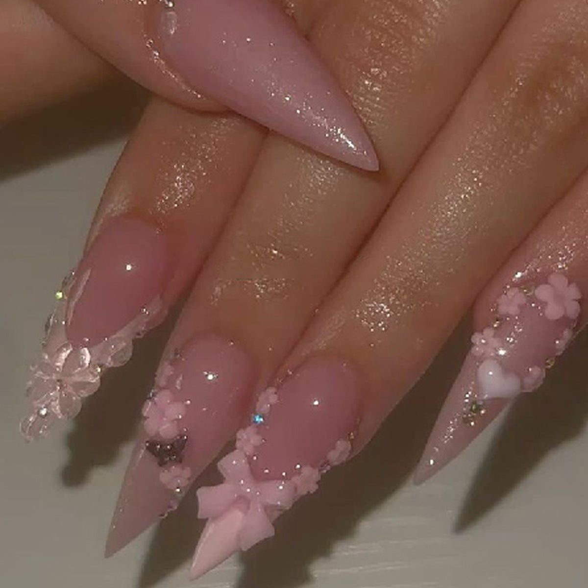 Whimsical Floral Long Almond Pink Press-On Nail Set with Glitter and Embellishments