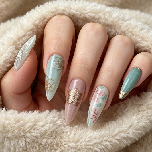 Floral Dream Long Almond Mint Green with Elegant Gold Accents Press On Nail Set