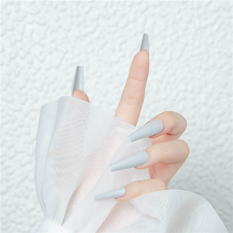 Glamorous Winter Wonderland Extra Long Coffin Press On Nail Set in Elegant Matte Light Gray with Unique Frosted Finish