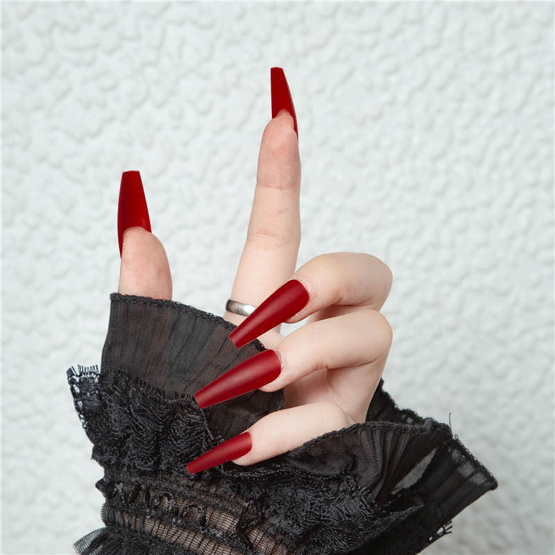 Gothic Elegance Extra Long Coffin Press On Nails Deep Red Matte Finish with Unique High Gloss Tips