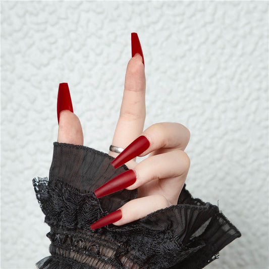 Gothic Elegance Extra Long Coffin Press On Nails Deep Red Matte Finish with Unique High Gloss Tips