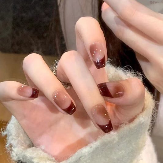 Autumn Elegance Long Coffin Burgundy Gradient Press On Nail Set with Glossy Finish