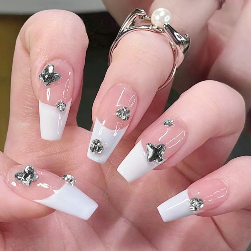 Chic White Long Coffin Press-On Nail Set with Glittering Star Accents