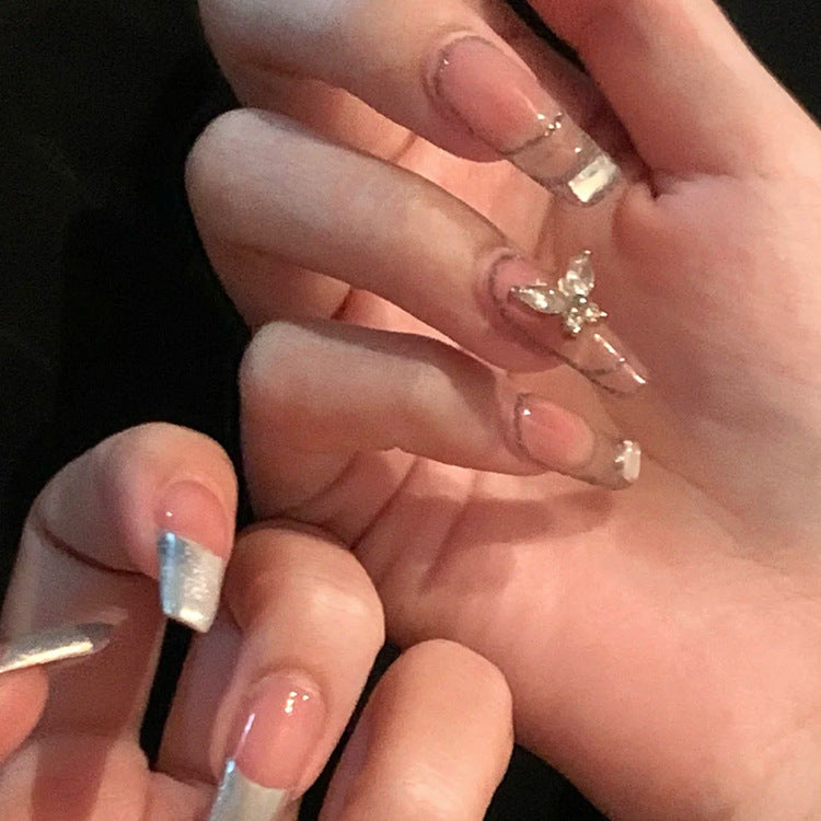 Whimsical Butterfly Inspired Long Coffin Pink and Silver Glitter Press on Nail Set with Charm Feature