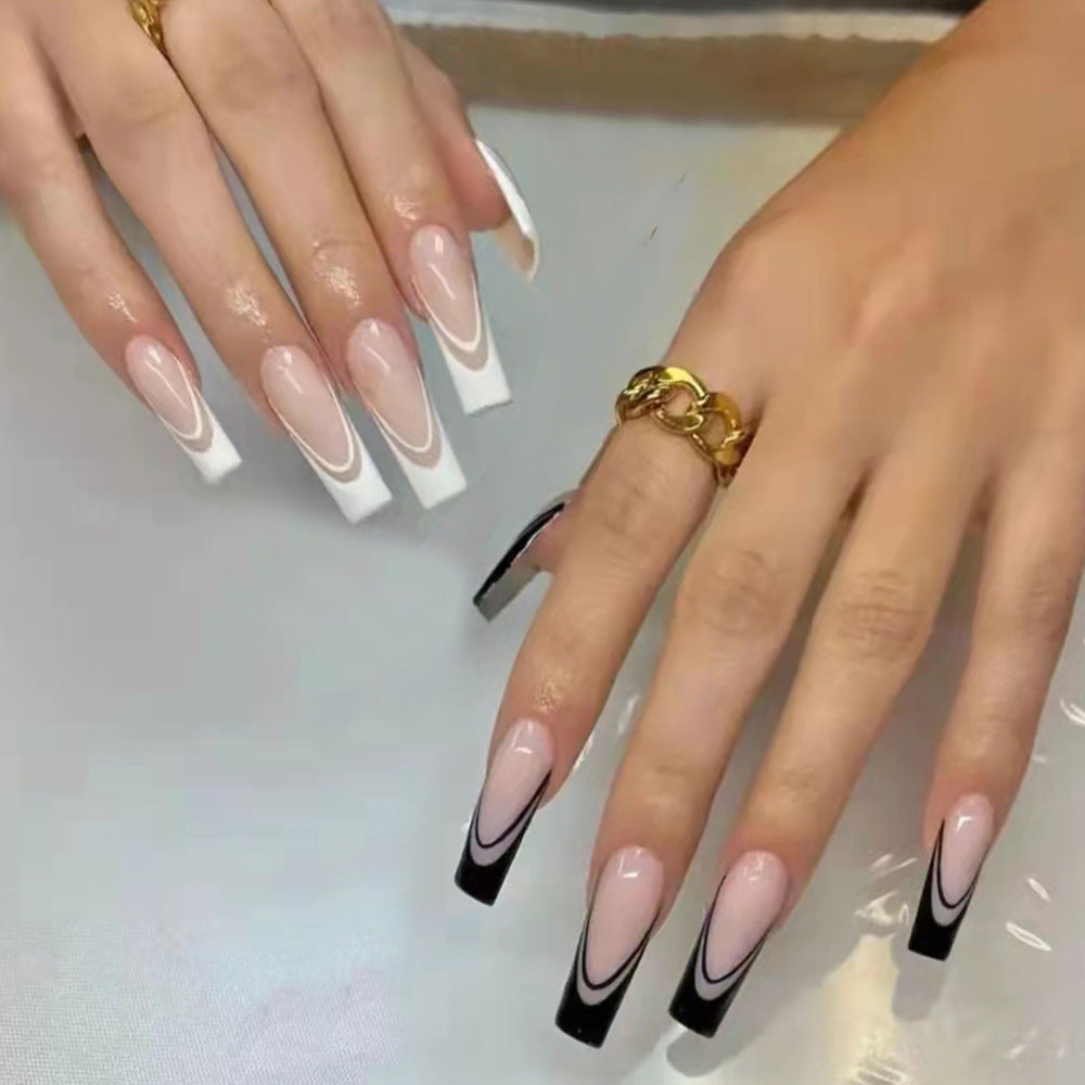 Chic Elegance Long Square White and Black Gradient Nail Press Set
