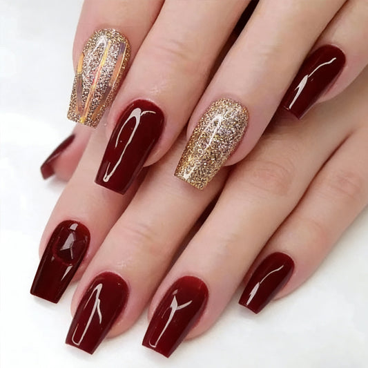 Glamorous Autumn Elegance Long Coffin Burgundy Nails with Glittering Gold Accent