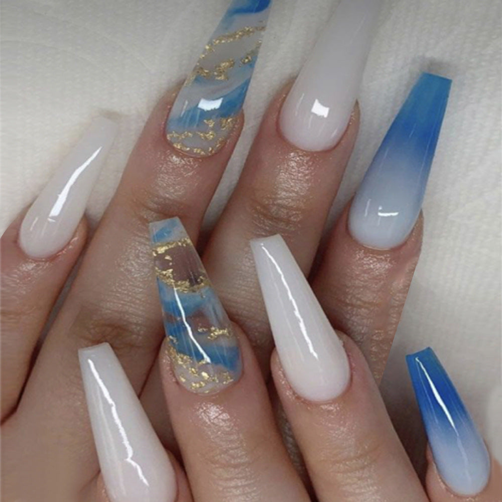 Coastal Dream Long Coffin Glossy White and Blue Ombre with Gold Accents Press On Nail Set