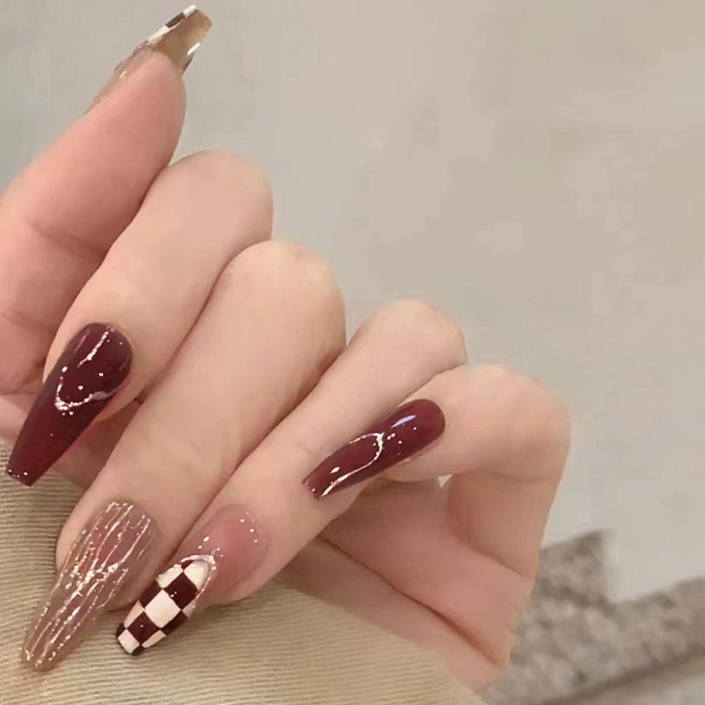 Chic Autumn Delight Long Coffin Burgundy and Checkerboard Design Press On Nail Set